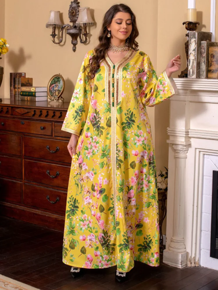 Spring Ethnic Floral Printed Long Dresses Musilim Fashion Diamonds V-Neck Lace Tape Dress Eid Mubarak Modest Clothing Women