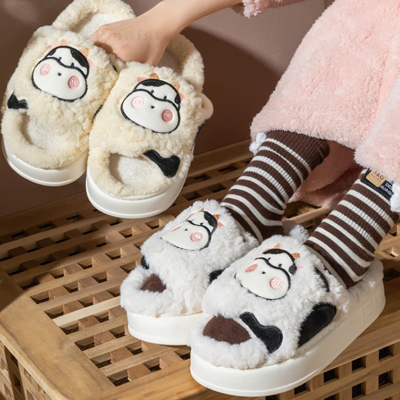 Furry Women's Home Slippers Cute Cow Thick Plush Winter Female Indoor Shoes on Platform Slippers Soft Warm House Slides Animals