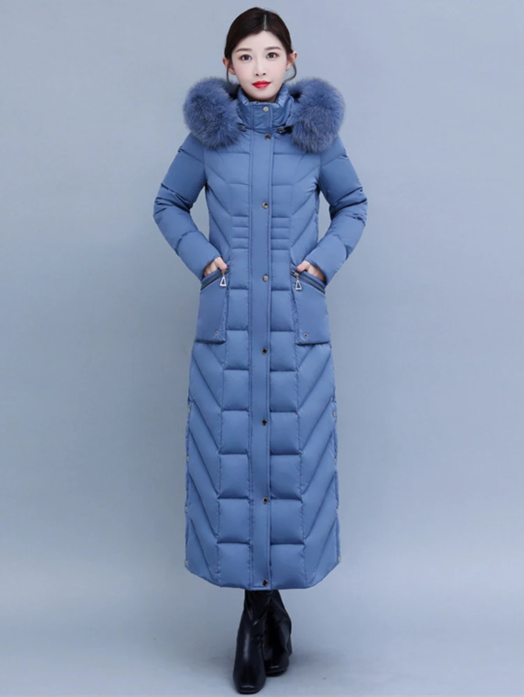 New Mother Down Coat Women Winter Fashion Detachable Hooded Real Fox Fur Collar Thicken Warm Slim Lengthened Down Jacket Female