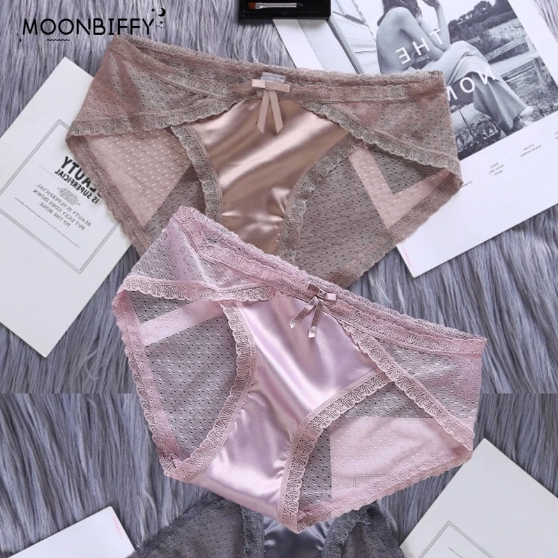 

Women Sexy Lace Panties Retro Luxury Satin Lace Trim Panties Girly Transparent Mesh Seamless Mid-waist Bag Hip Briefs