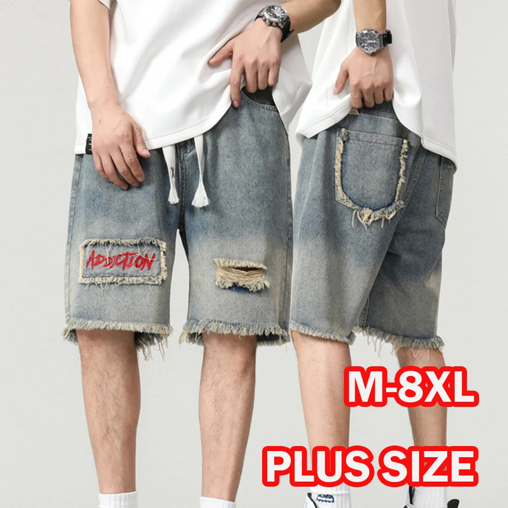 

7XL 8XL High Street Men's Summer Ripped Distressed Jeans Shorts Knee Length Washed Denim Jeans Men Casual Stretchy Short Pants