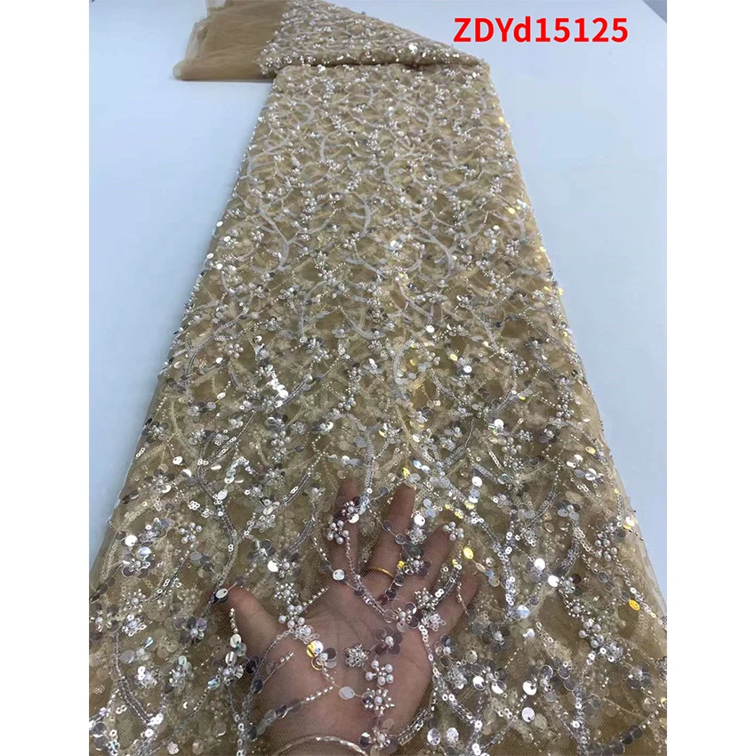 

African Fashion Beaded Sequins Lace Textiles Low Price Ankara Tulle Mesh Embroidered Fabric 5 Yards/Lot ZDYD12125