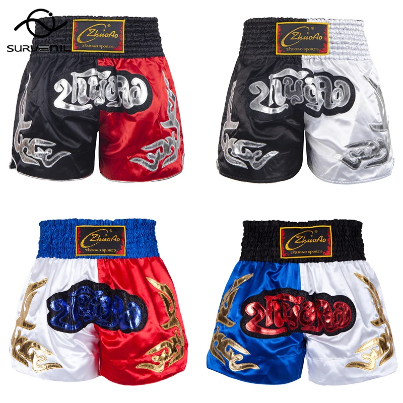 

Muay Thai Shorts Satin Boxing Shorts Womens Fashion Fight MMA Shorts Men Children Embroidery Patch Crossfit BJJ Kickboxing Pants
