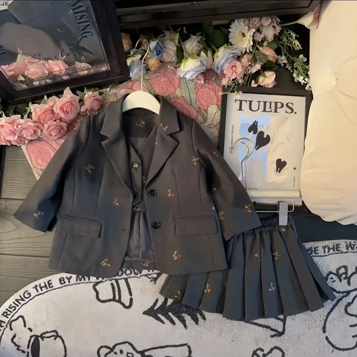 Осенний Молодежный костюм для девочек с вышивкой бабочкой куртка + жилет