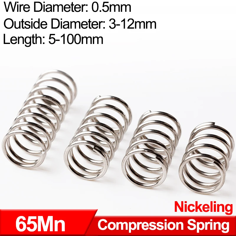 

Nickeling 65Mn Steel Cylindrical Coil Backspring Compression Absorbing Shock Pressure Compressed Spring WD 0.5mm Customizable