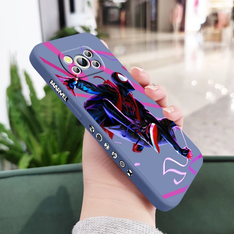 

Spiderman Marvel For POCO C55 X5 X4 M5S F4 M4 X3 F3 M3 C3 F2 Pro GT NFC 4G 5G Pro Liquid Left Rope Phone Case