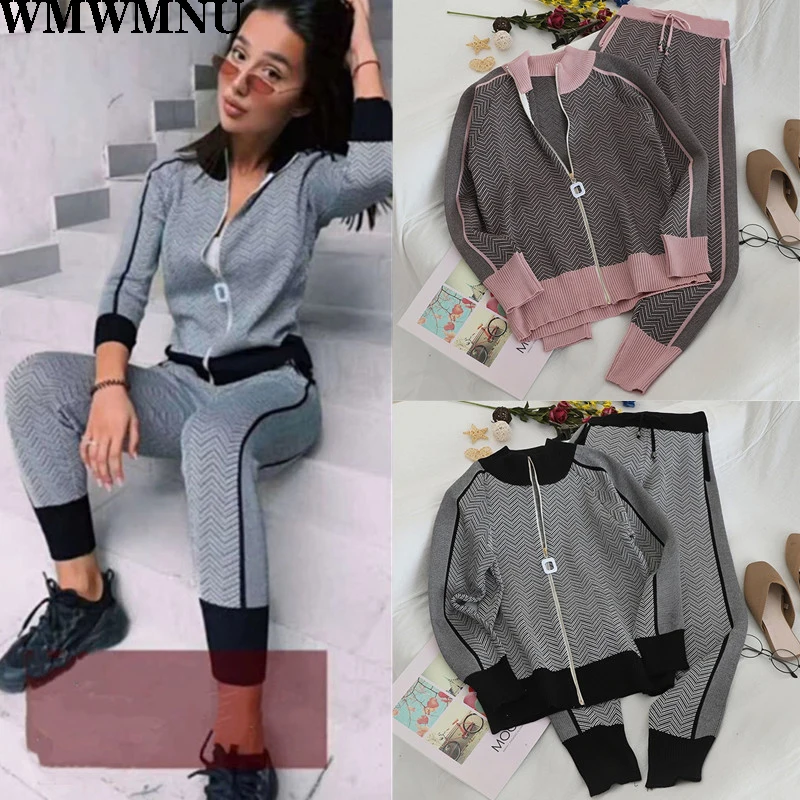 2Pcs Set Women Color Patchwork Tracksuit Zipper Turtleneck Long Sleeve Tops Autumn +Pants 2PCS Harajuku Ladies Suits