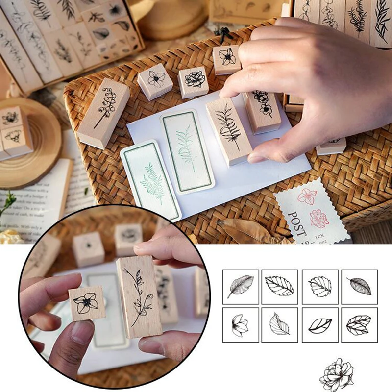 22pcs/set Vintage Plant Flower Stamps DIY Handmade Craft Scrapbooking Diary Planner Journal Decorations Wooden Rubber Stamps