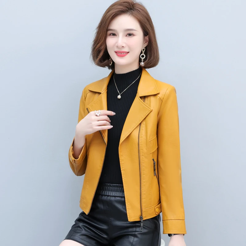 High Quality Spring Autumn Short Black Light Faux Leather Biker Motorcycle Jackets for Women Zipper Blazer