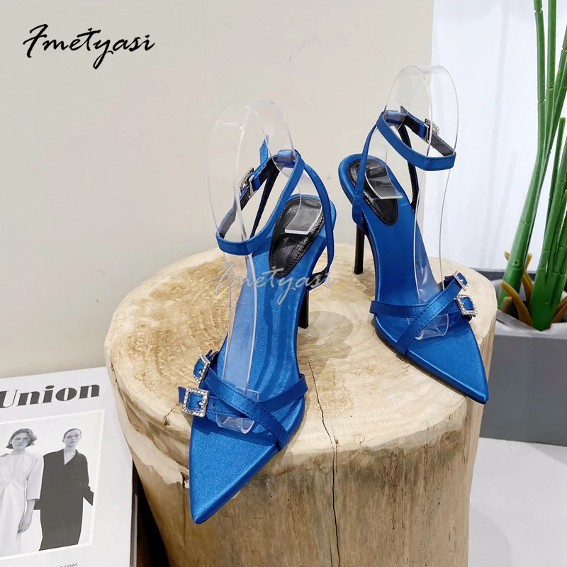 High Heels Women Black Elegant Ankle Strap Buckle Stiletto Hill Party Luxury Pointed Toe High-Heeled Slides Outdoor Sandals