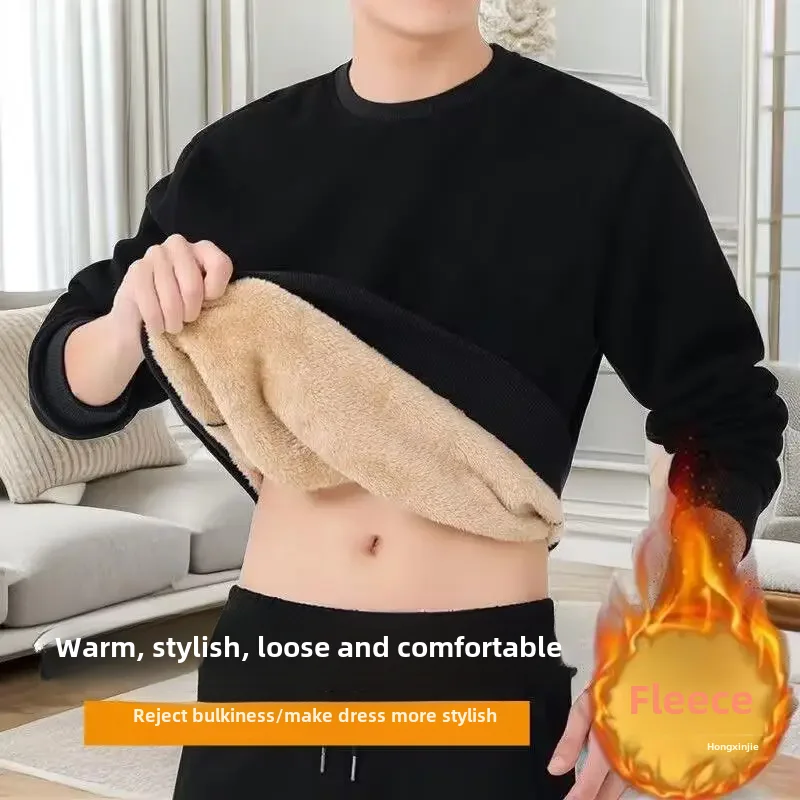 Мужская осенне-зимняя утолщенная толстовка с круглым вырезом на флисовой