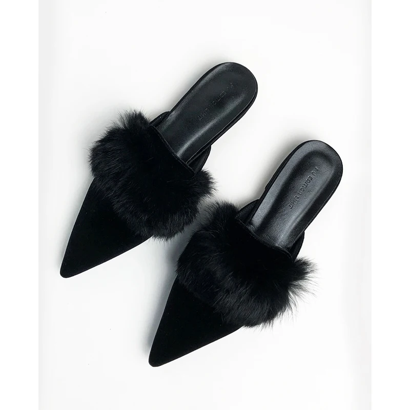 

Slides Runway Embellished Sandals Mules Brand Winter Furry Black Plush Fuzzy Fur Slippers Woman Shoes Luxury Chunky
