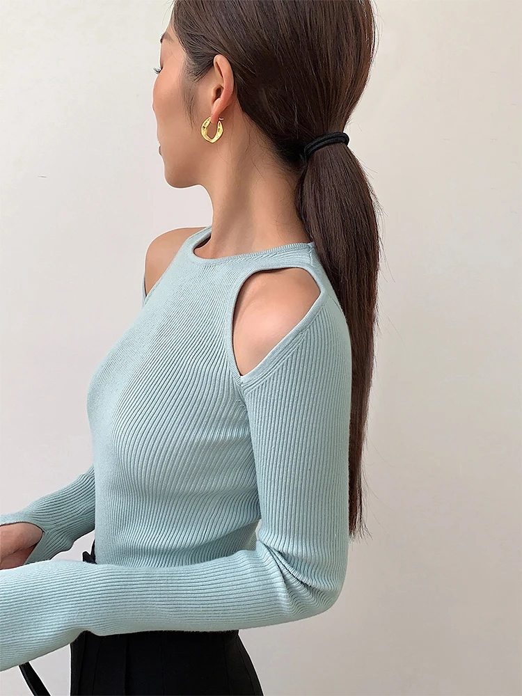 

Shirts Streetwear Aesthetic Women Sleeve Hollow Out Vintage Spring Long Knit Design Tops Crop Knitwear O-neck Fashion Korean