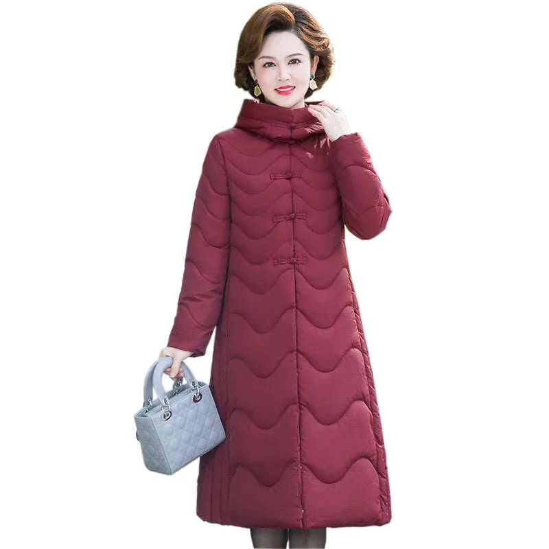 

2022 Winter Parka Middle-Aged Women Lengthen Down Cotton Jacket Oversized L-7XL Hooded Thicken Wadded Jackets Warm Tops KW1193