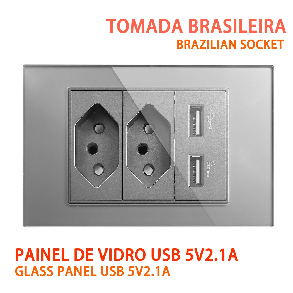 

Brazilian standard USB 5V2.1A wall socket fireproof material fast charging household appliances tempered glass 2USB port black a