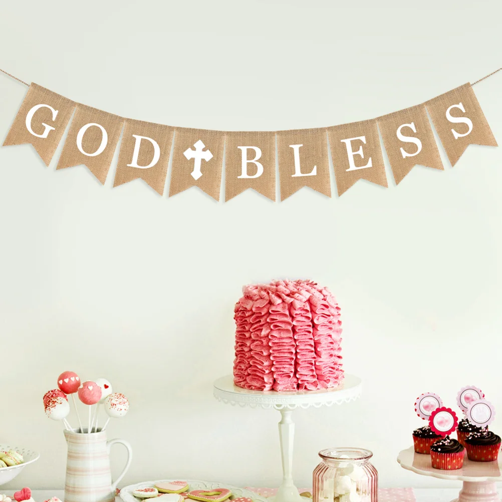 

Burlap Banner Communion Party Rustic Bunting Christening Garland God Bless Baptism