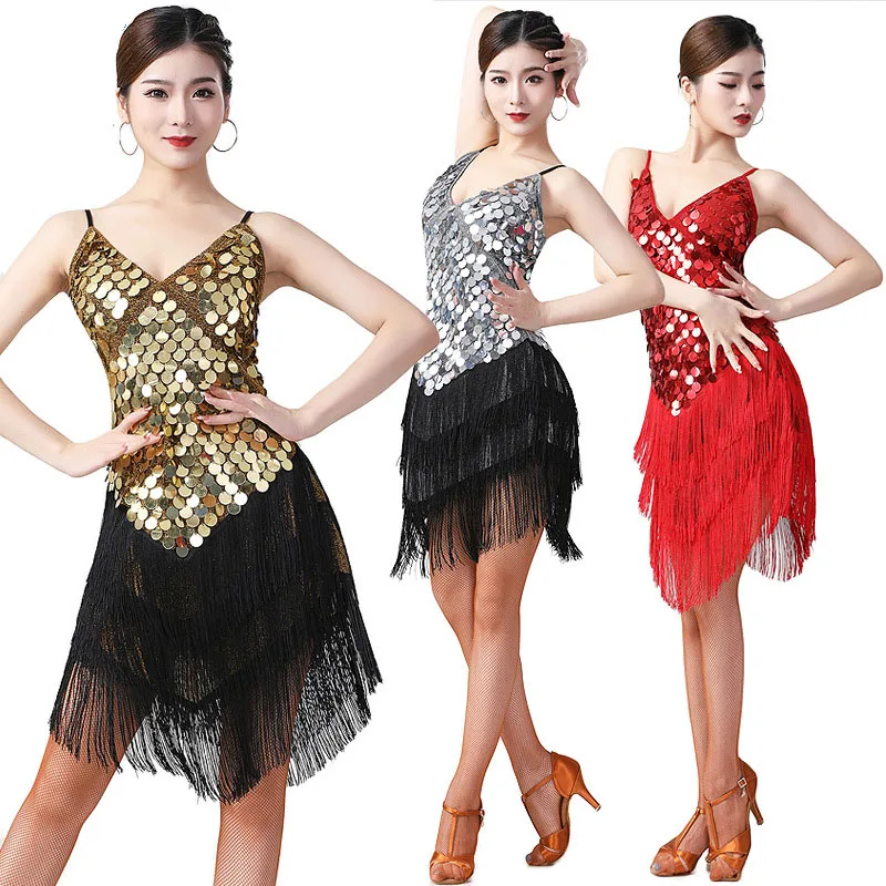 

Women Latin Ballroom Dance Standard Dress Adjustable Sling Skirt Sequins Tassel Stage Performace Costume Competition Clothes