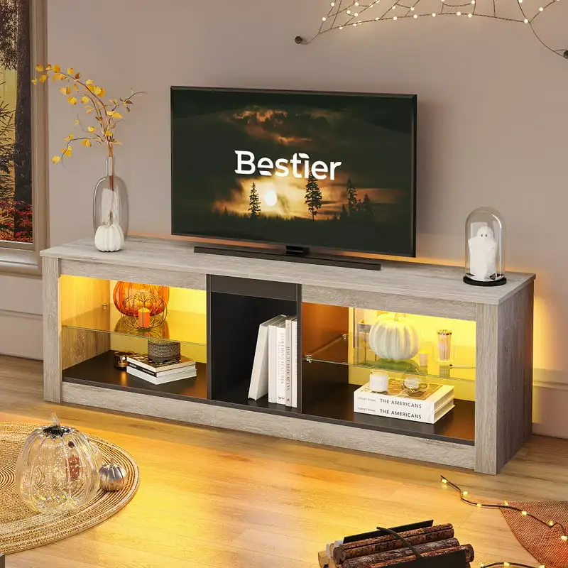 

TV Stand for TVs up to 60" with LED Lights Entertainment Center Grey, Modern, CARB P2 Wood, Steel, Glass