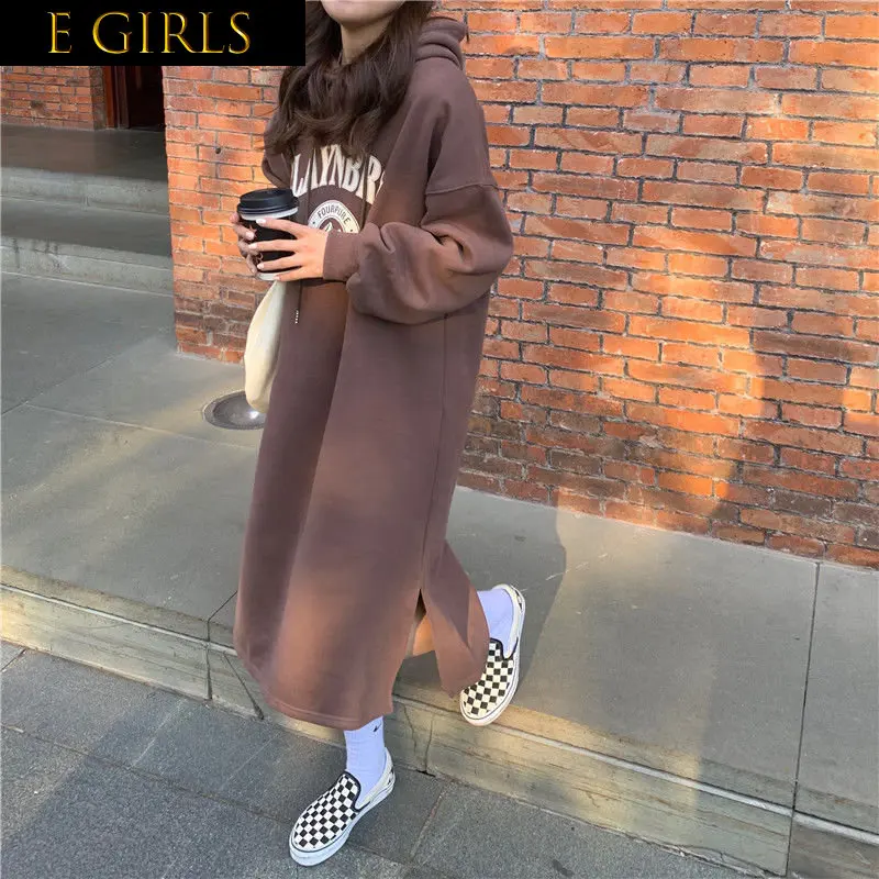 

E GIRLS Long Sleeve Dresses Women Printed Hooded Straight Autumn Thicken Warm Casual Daily All-match Preppy Chic Korean Fashion