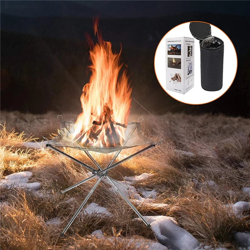 

Outdoor Fire Pit Burning Rack Camping Stainless Steel Mesh Fireplace Foldable Stove BBQ Grill Patio With Replace Grilled Net