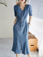 summer jeans dress 2022 v neck single breasted slim waisted short sleeve denim dress elegant office lady long dresses