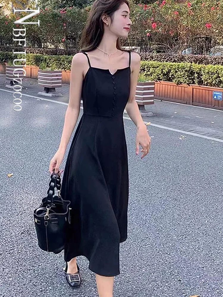 

Summer High End Chiffon Women Dress Black Spaghetti Strap Female Dresses