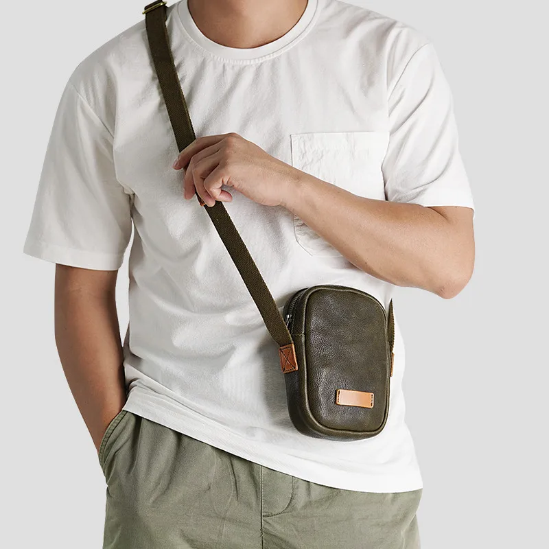 Fashion luxury genuine leather men mini phone shoulder bag handmade simple daily natural real cowhide green small crossbody bag