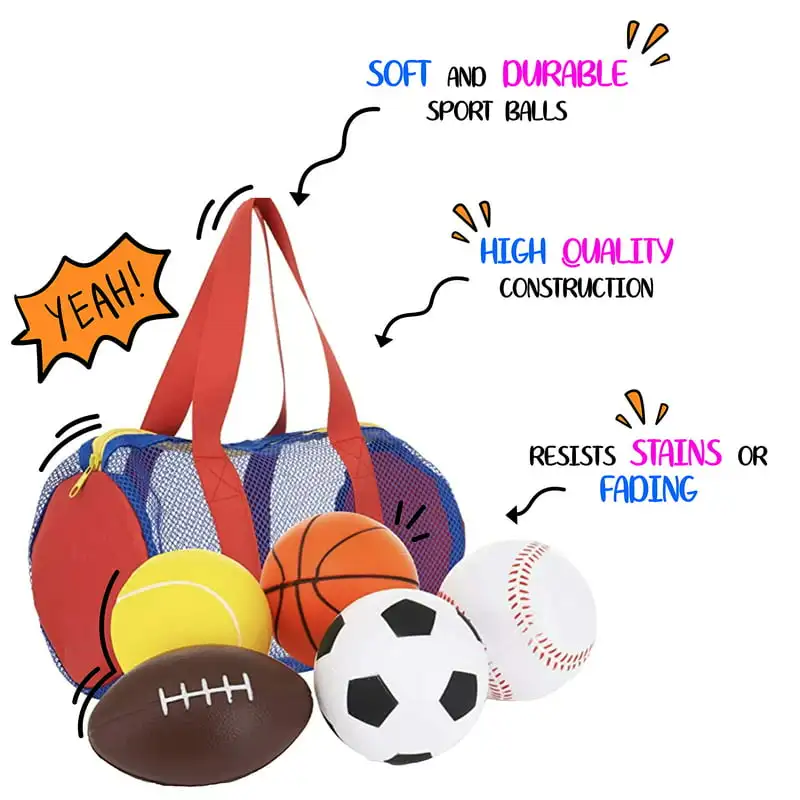 

Soft, Safe, Durable & Perfect Foam Sports Balls Set Of 5 For Kids, Toddler Outdoor Sports Activities + Free Bag - Ideal Children