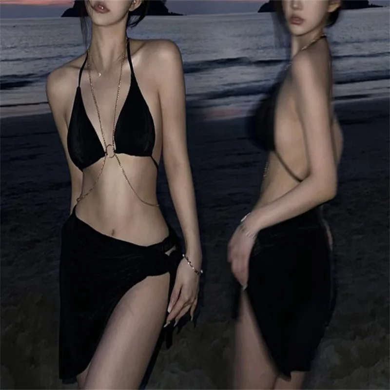 

Summer seaside black chain sexy swimsuit, women's split body gathering bikini three piece hot spring vacation party swimsuit