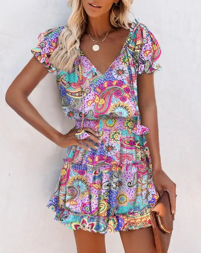 2023 Spring and Summer New Women's Casual Beach Style Hot Sale V-neck Paisley Printed Fluffy Sleeves Ruffled Dress