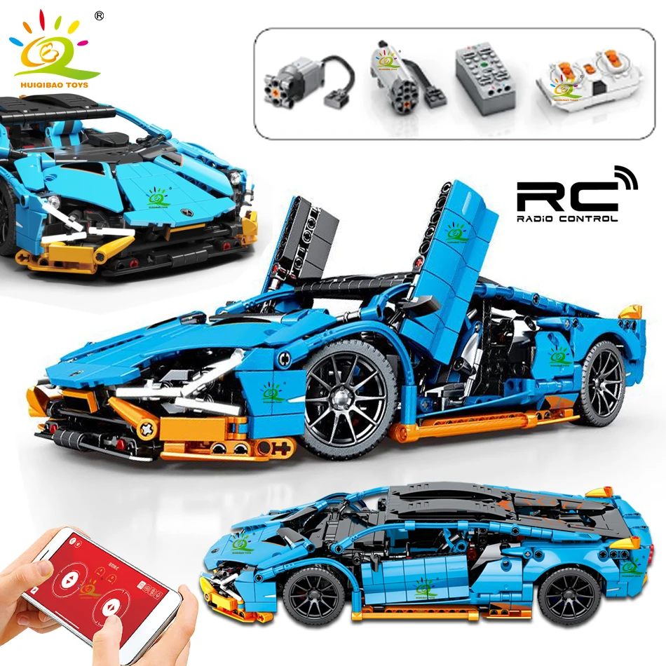 Купи HUIQIBAO 1261 шт. RC Sports Super Car Building Blocks Пульт дистанционного управления City Racing Vehicle Tech Bricks Механические игрушки для взрослых за 3,949 рублей в магазине AliExpress