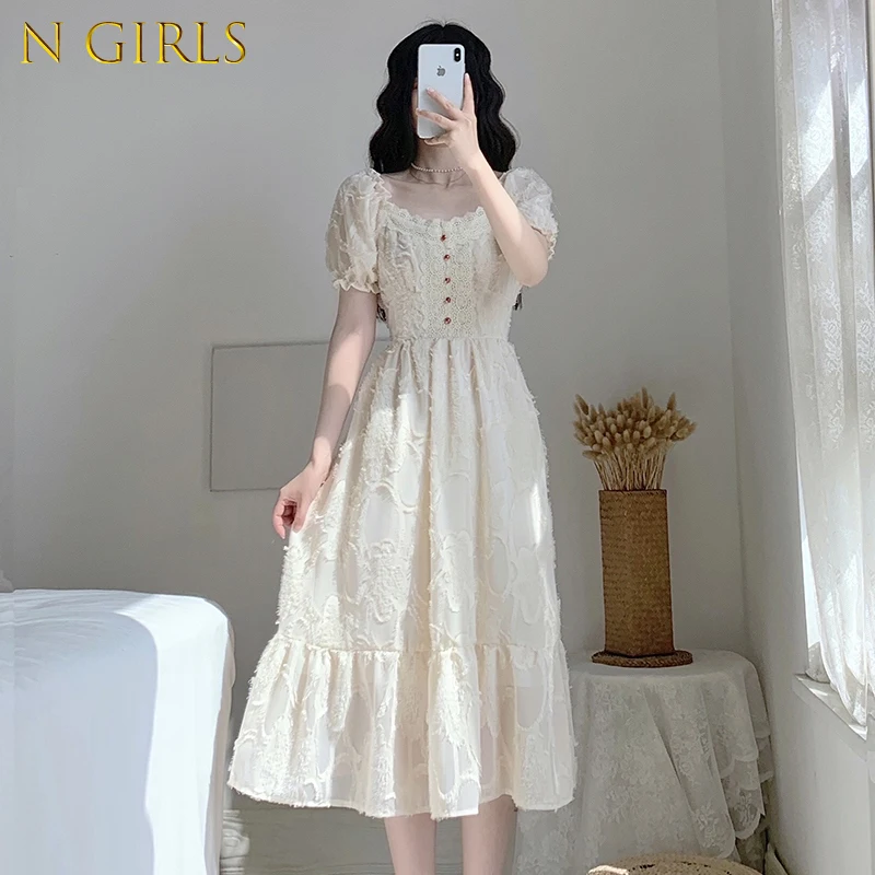 

N GIRLS Summer Runway French Vintage Tea Break Dress Luxury Patchwork Women's Elegant Ruffle Lace Dresses Vestido De Mujer