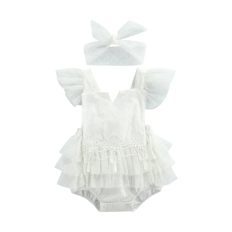 

Newborn Baby Girls Bodysuits Outfit Infant Summer Dot Pattern Lace Splicing Fly Sleeve Backless Romper + Bow Headwear 0-24Month