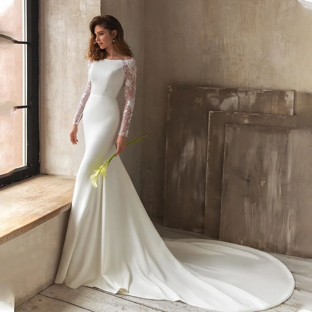 

High Quality Full Lace Sleeves Satin Mermaid Wedding Dresses Princess Bridal Grown Cut Back Sweep Train Modern 2023 Rode De