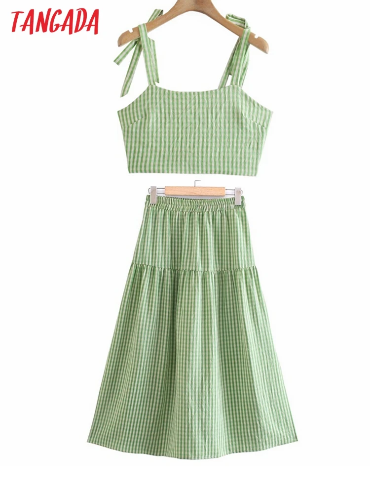 

Tangada 2022 Chic Green Plaid Print Suit Women Skirt Set Fashion New Suit 2 Piece Set Camis and Skirt 8Y32