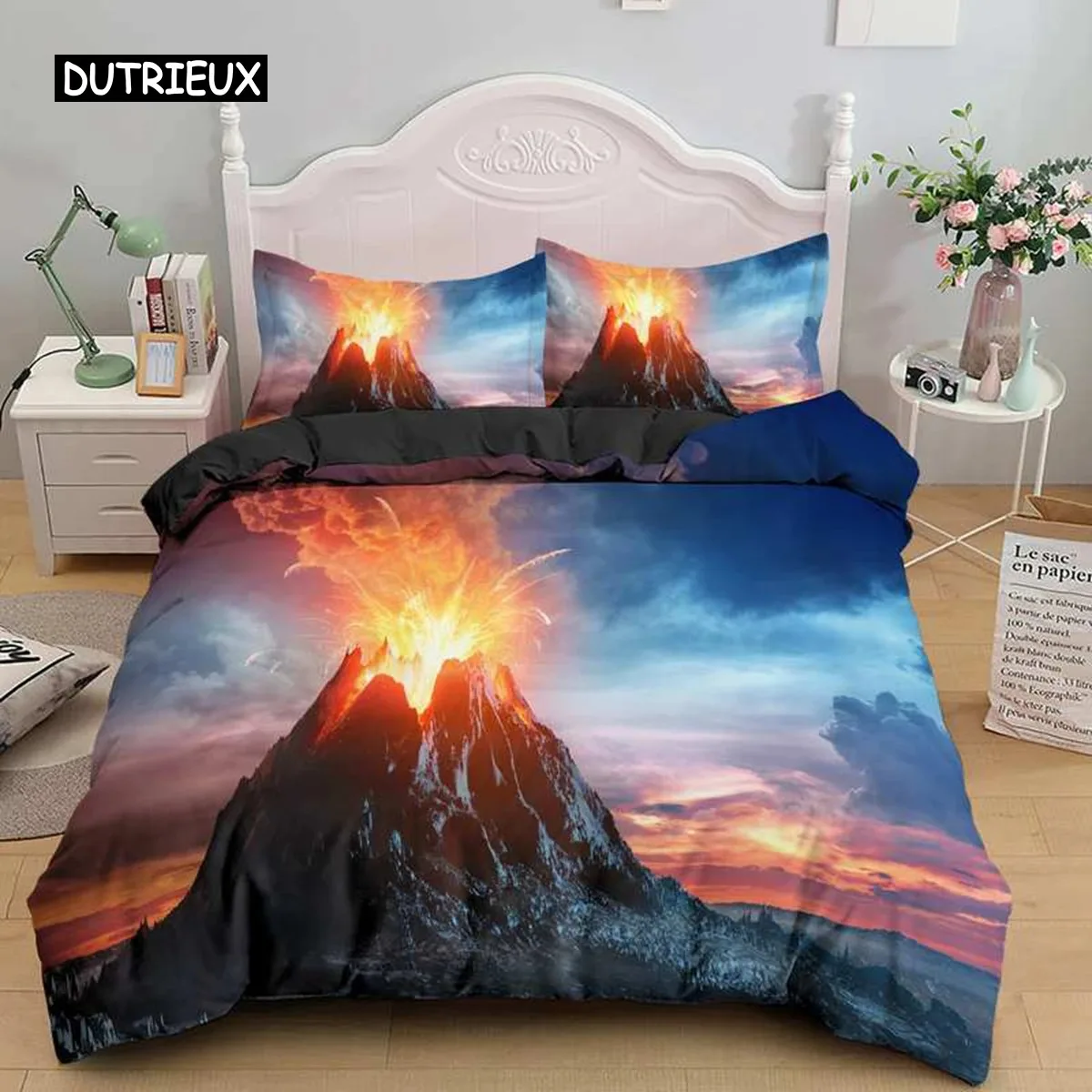 Volcano King Queen Duvet Cover Eruption Hot Lava Bedding Set for Kids Teens Adults Natural Disaster Molten Polyester Quilt