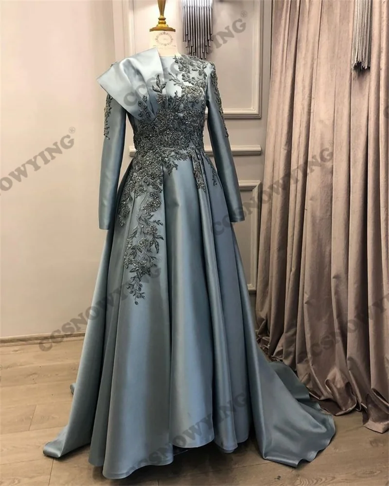 

Атласное мусульманское вечернее платье с аппликацией и длинным рукавом, с высоким воротом, исламский хиджаб, бальное платье для выпускного вечера, официальное платье, арабское дубайское платье для вечеринки