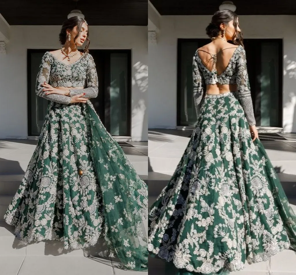 Emerald Green and Gold Lehenga Traditional Wedding Dresses Long sleeve Indian Two Pieces Lace Bridal Gown Wear rove de mariée