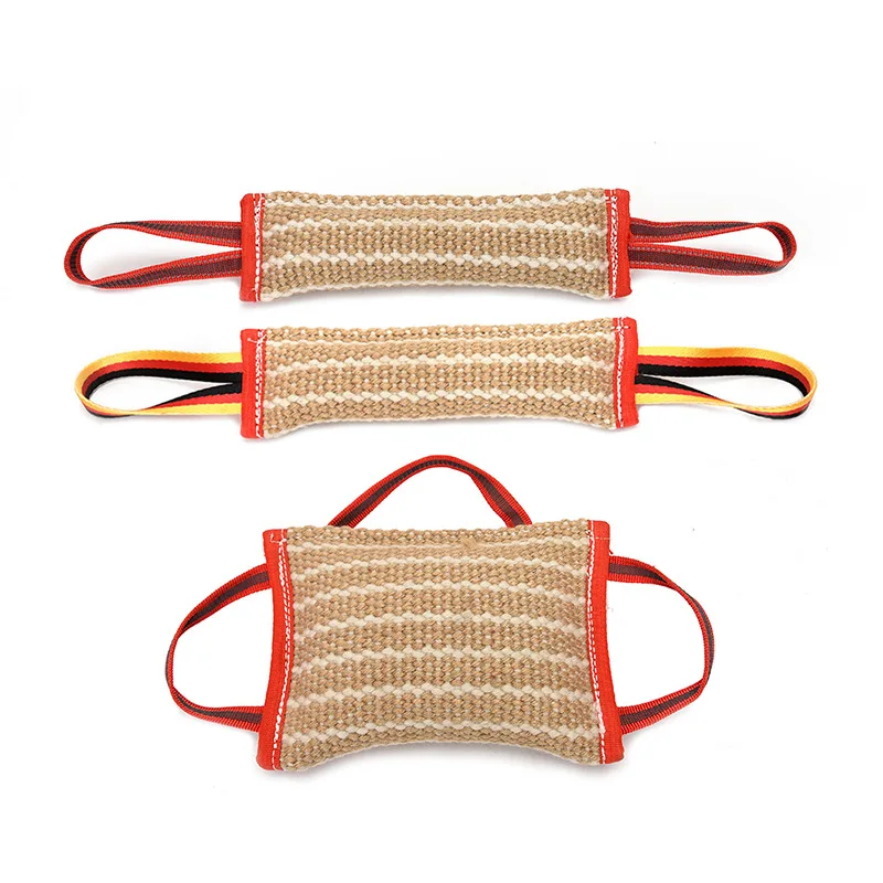 

3 Handles Tough Jute Dog Bite Pillow Linen Tug Toy Aggressive Biting Pad Interactive Pull Chew Bag For Medium Large Pets