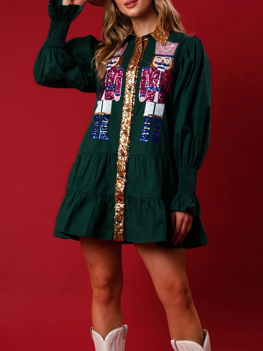 

Womens Christmas Dress Sequin Nutcracker Dress Long Sleeve Button Down Sequin Nutcracker Pattern Blouse Dress Christmas Party