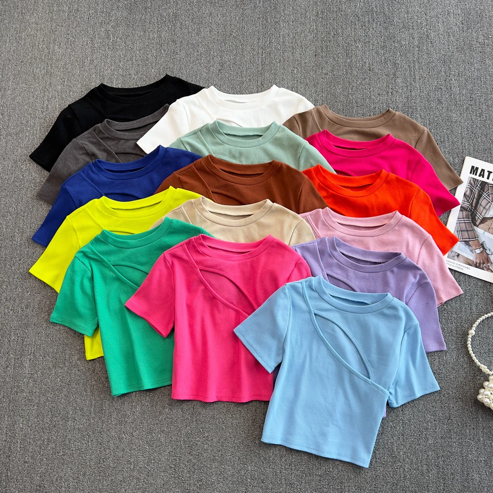 

Футболка женская с коротким рукавом, хлопковая Облегающая рубашка с вырезами, топ выше пупка, на лето