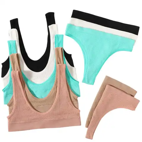 Women Seamless Bra Set Sexy Low Waist Thong Cotton Panties Wire Free Rib Bralette Lingerie Brassiere Female Underwear Set