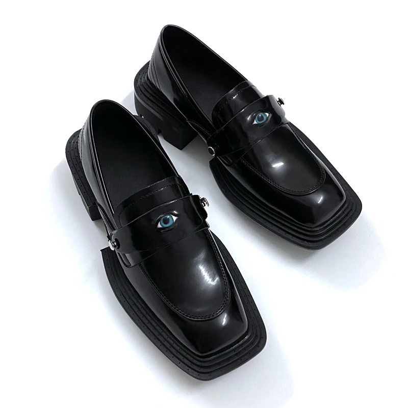 

Removable Eye Loafers Shoes Men Genuine Leather High Sole Casual Japan Korean Streetwear Square Toe Cowhide Leather Shoes Man