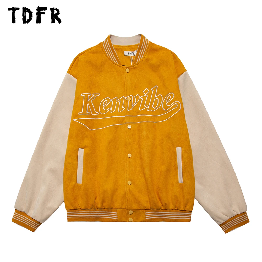 

Letter Embroidery Baseball Jacket Amekaji Autumn Winter Retro Loose Stand Collar Single Breasted Mens Outerwear