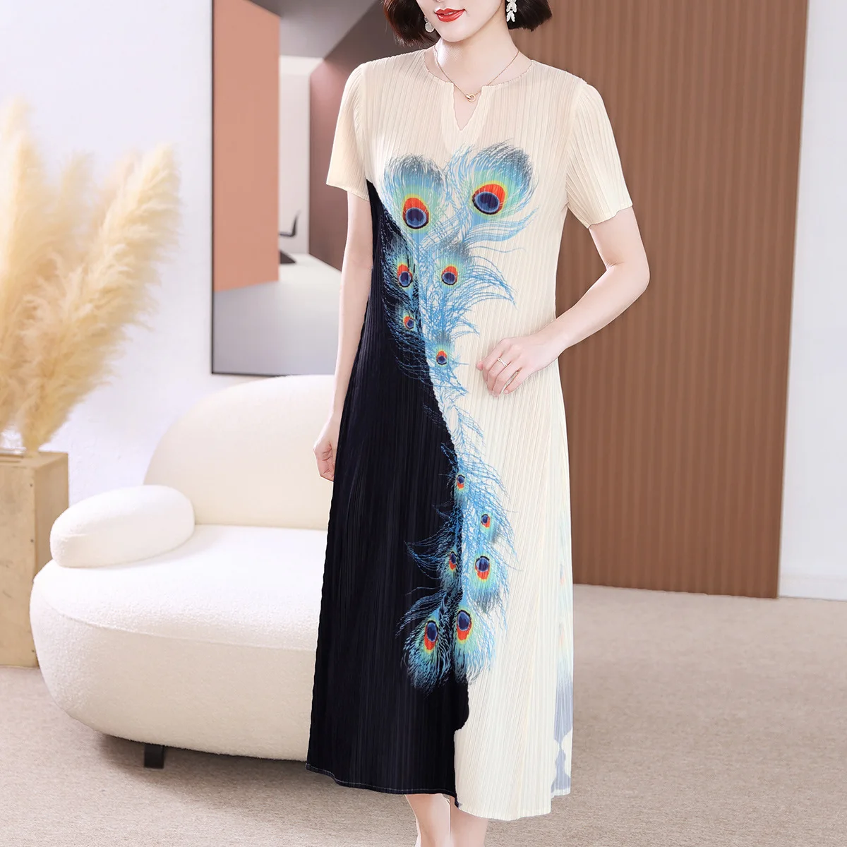 

Miyake Pleated Women's 2023 Summer Fashion Feather Print Mother's Wear Plump Girls plus Size Slim Fit Elegant Dresses women