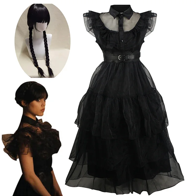 Платье Среды Аддамс на Хэллоуин аниме косплей реквизит ужаса черный готический