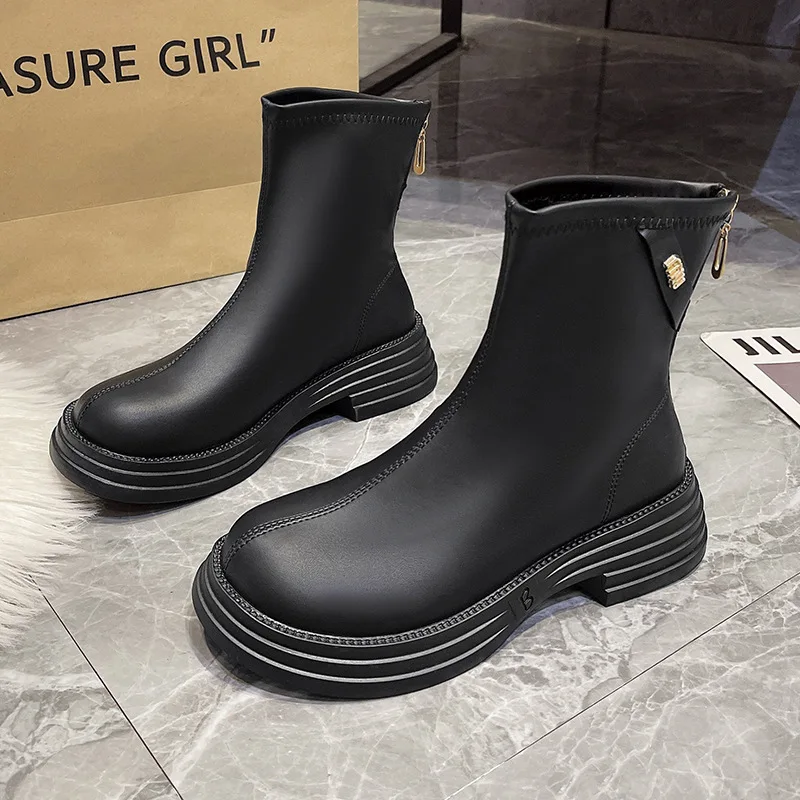 

New Shoes for Women Zipper Women's Boots Winter Round Toe Solid Platform Water Proof Short Barrel Chunky Heels Shoes Women