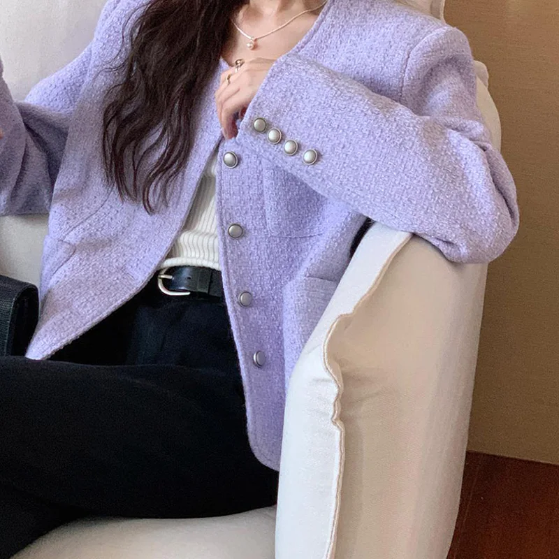 

2023 New Korean Ins Purple Lemon Giant White Temperament Age-reducing Round Neck Tweed Wool Single Breasted Small Fragrance Coat