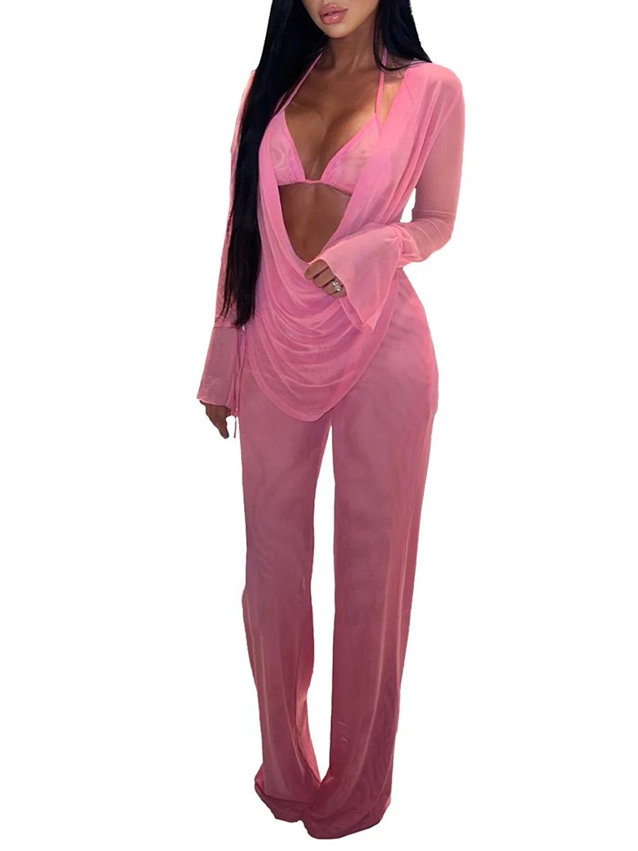 

Women 3 Piece Outfits Halter Triangle Bra Long Sleeve Tops Pants Set Clubwear