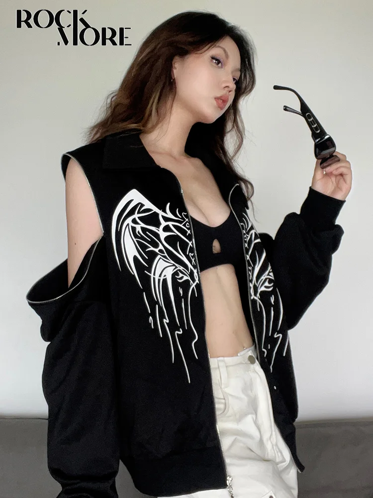 

Rockmore Gothic Zip Up Hollow Jackets Streetwear Women'S Sweatshirts Retro Butterfly Print Outerwear Punk Y2K Hoodie Techwear